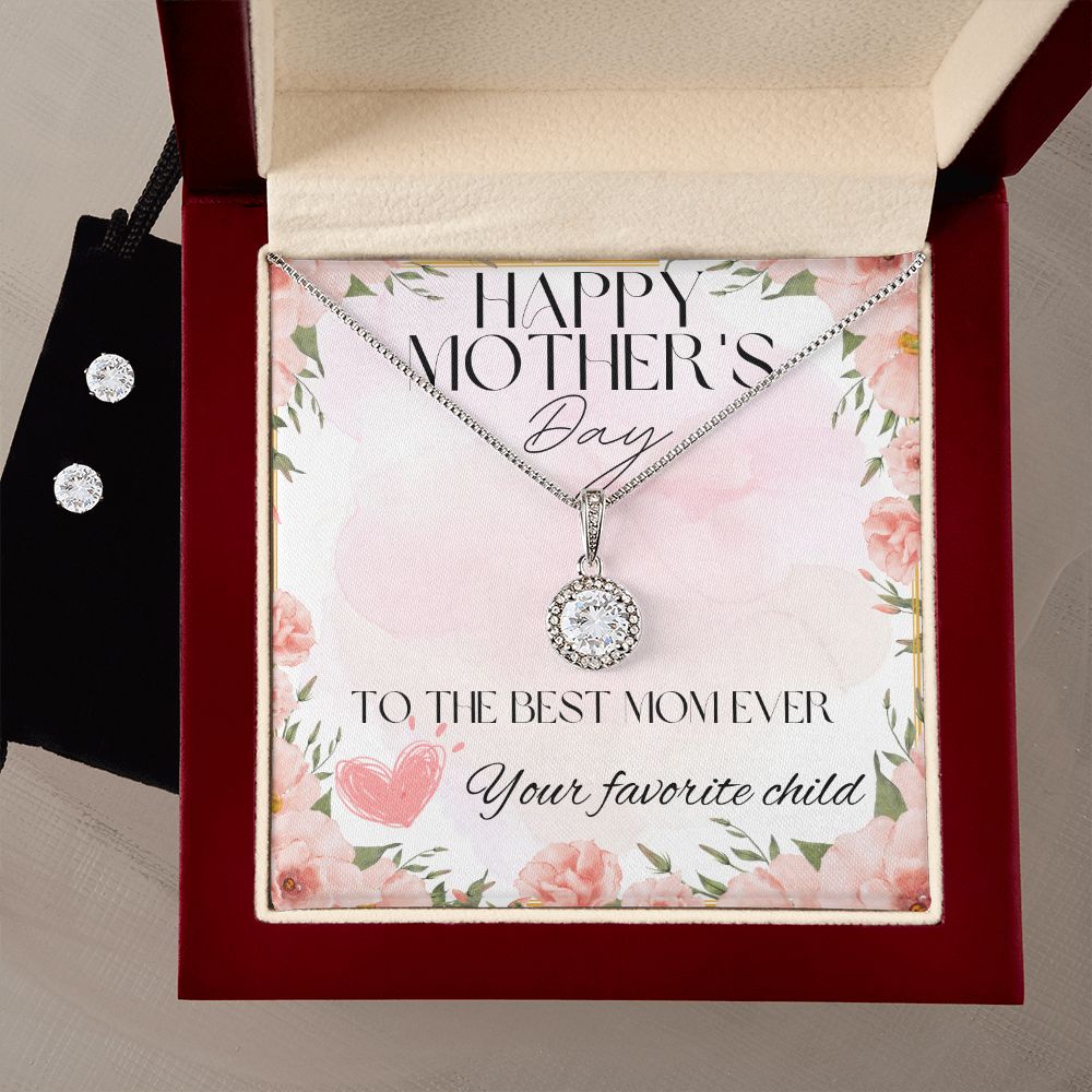 Best Mother's Day Necklace Earring Set, From Favorite Child to Mom, 14K White Gold Finish